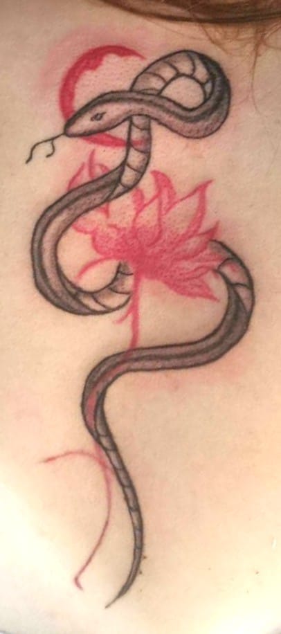 Snake and Lotus Illustrative / Neo-Traditional Style Back Tattoo