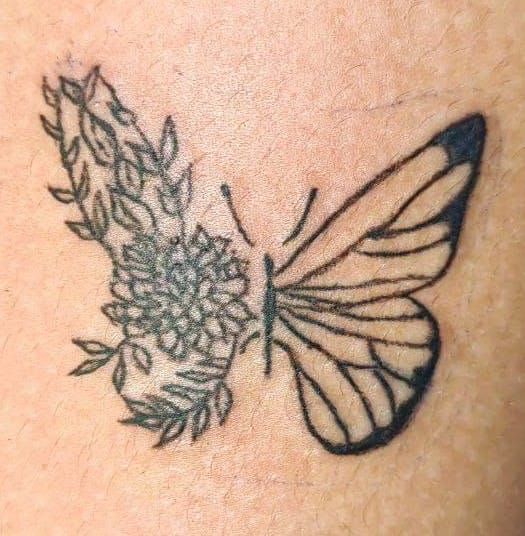 Butterfly Flower Fine Line Tattoo